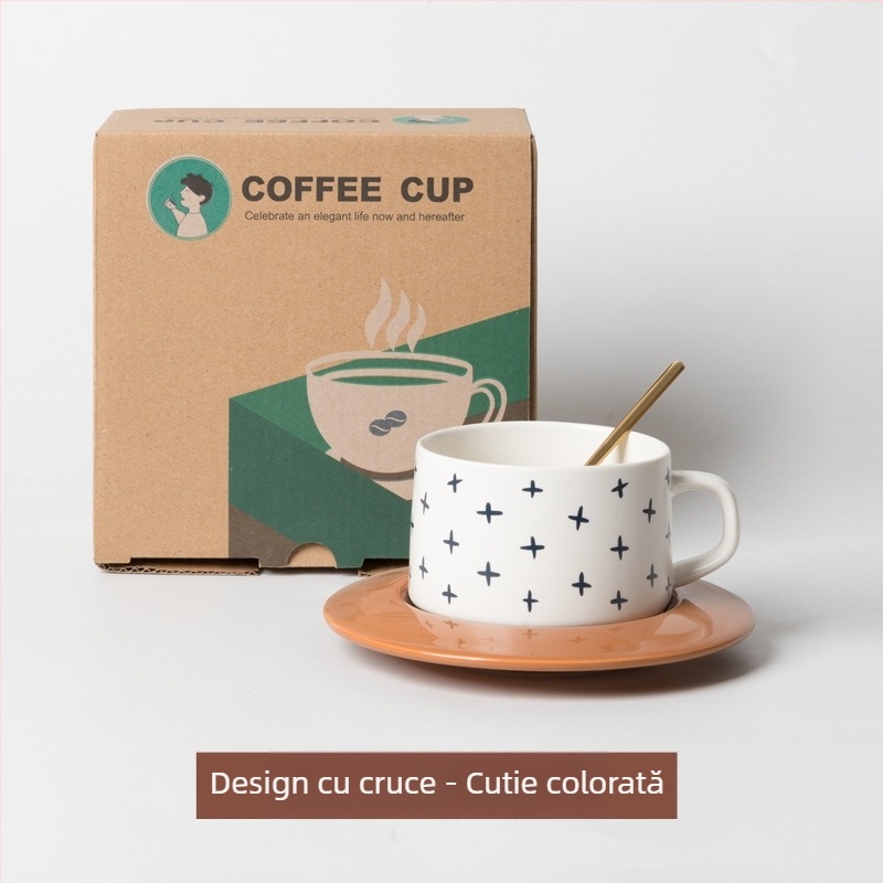 Set de cești și farfurioare din ceramică pentru cafea, albastru nordic, stil retro, cu logo