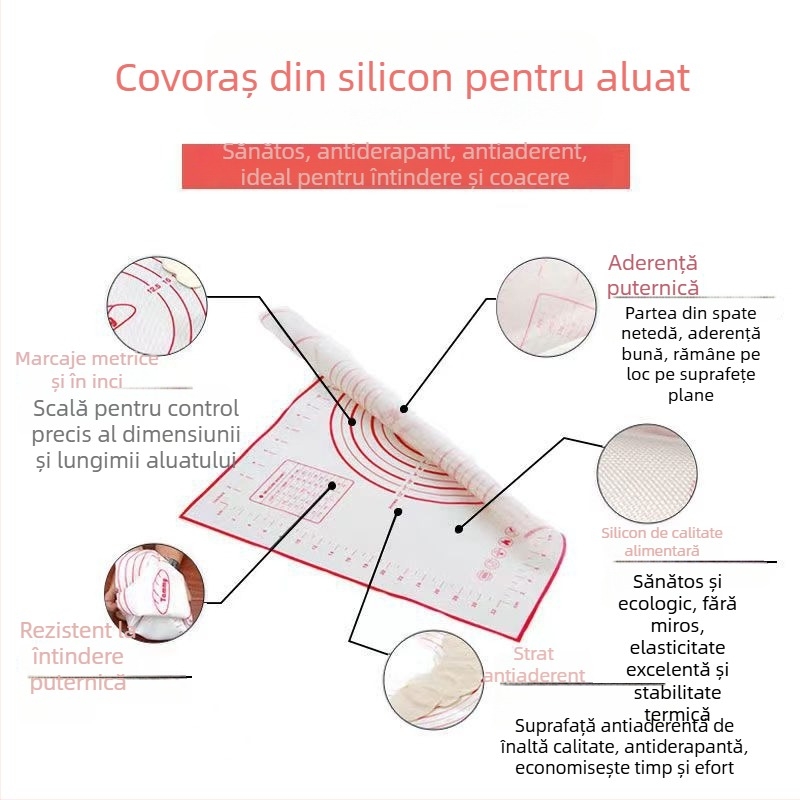 Covoraș mare de aluat din silicon, rezistent la temperaturi înalte, silicon platinat, pentru dospit, coacere și întindere, antiderapant și anti-aderent