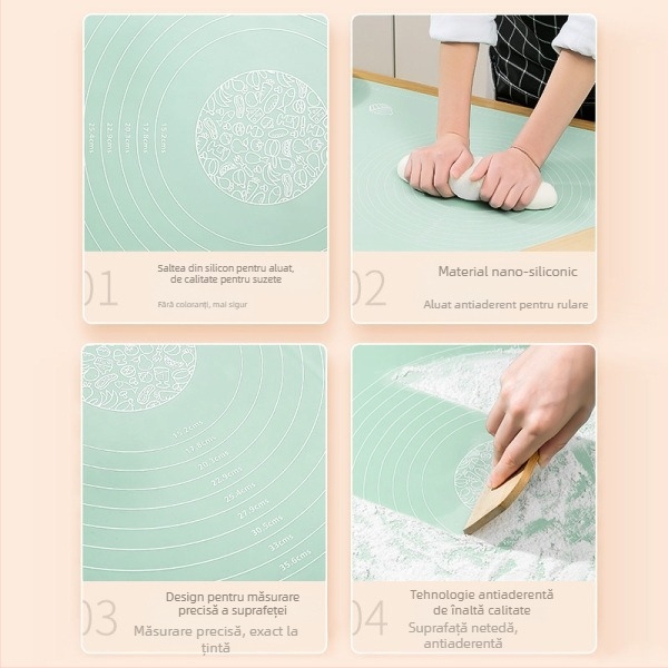 Covoraș din silicon alimentar pentru aluat – suprafață groasă pentru frământat, blat de tăiere, antibacterian, antiaderent, covoraș de copt