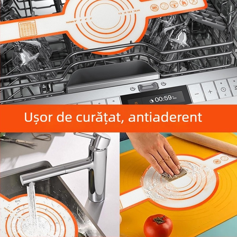 Covoraș de copt olandez cu mâner lung și urechi duble, suprafață din silicon pentru frământat aluat, rezistent la temperaturi înalte, antiadeziv pentru transferul aluatului