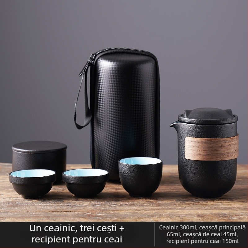 Set de ceai portabil din porțelan cu o ceainică și două cești pentru călătorii