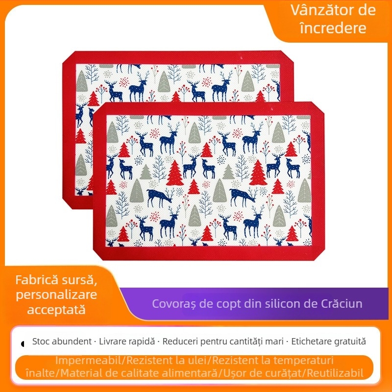 Covoraș dreptunghiular din silicon pentru coacere, cu suprafață antiaderentă pentru frământarea aluatului; țesătură din fibră de sticlă; dimensiuni 40×30 cm, 30×21 cm și 50×40 cm.