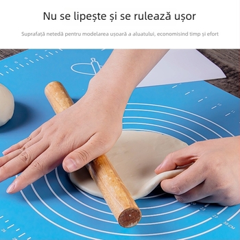 Covoraș de aluat din silicon cu măsurători, calitate alimentară, antiaderent și antiderapant, pentru frământat și întins aluatul; disponibil în albastru sau roz; dimensiuni 40×60 cm sau 65×45 cm.