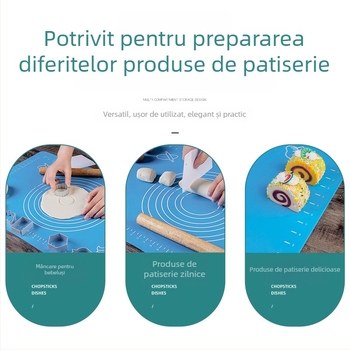 Covoraș de aluat din silicon cu măsurători, calitate alimentară, antiaderent și antiderapant, pentru frământat și întins aluatul; disponibil în albastru sau roz; dimensiuni 40×60 cm sau 65×45 cm.