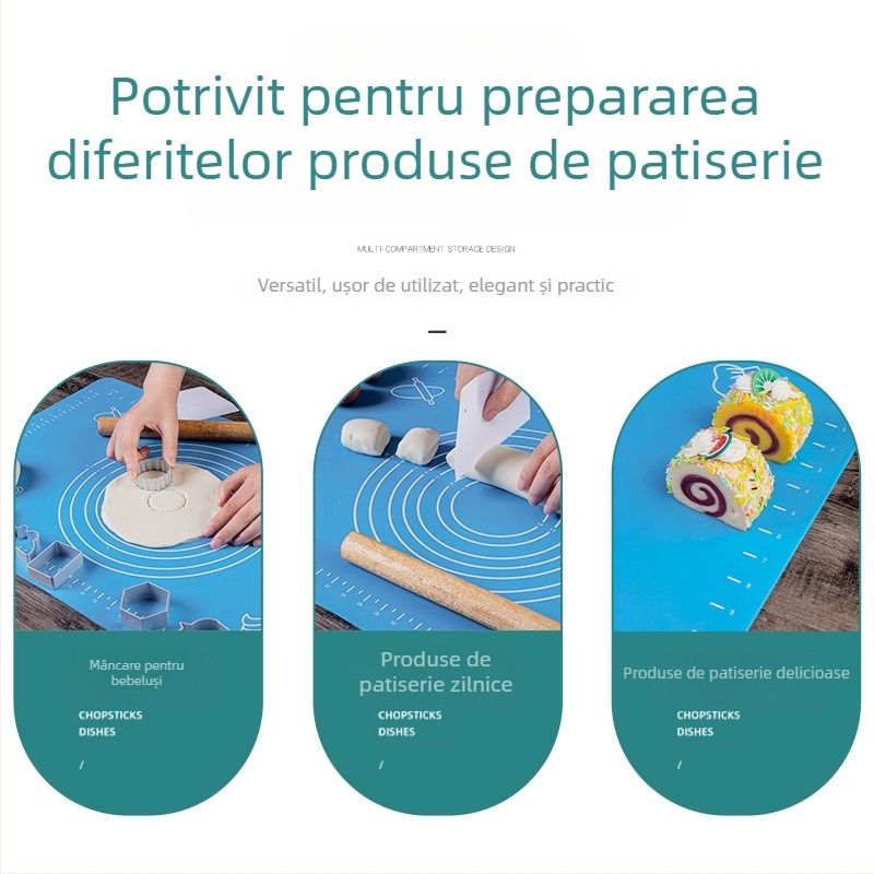 Covoraș de aluat din silicon cu măsurători, calitate alimentară, antiaderent și antiderapant, pentru frământat și întins aluatul; disponibil în albastru sau roz; dimensiuni 40×60 cm sau 65×45 cm.