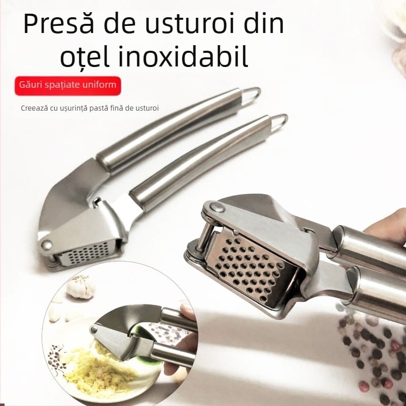 Presă de usturoi din oțel inoxidabil, manuală, multifuncțională pentru pastă de usturoi și curățarea/zdrobirea usturoiului