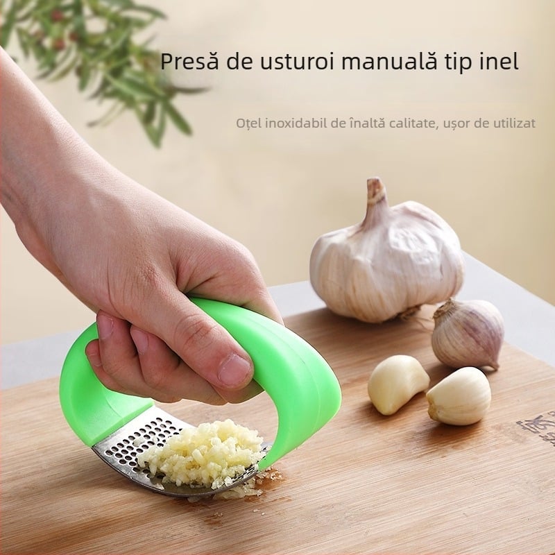 Presă de usturoi din oțel inoxidabil, design inelar, manuală, pentru usturoi și ghimbir, calitate alimentară
