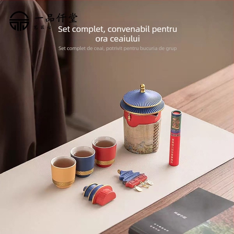 Set de ceai ceramic — o ceainică și trei căni, într-o cutie cadou, pentru folosire în aer liber, personalizabil