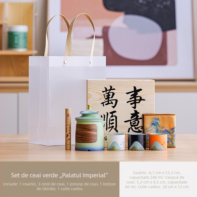 Set de ceai ceramic — o ceainică și trei căni, într-o cutie cadou, pentru folosire în aer liber, personalizabil