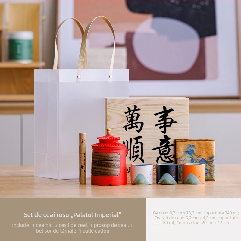 Set de ceai ceramic — o ceainică și trei căni, într-o cutie cadou, pentru folosire în aer liber, personalizabil