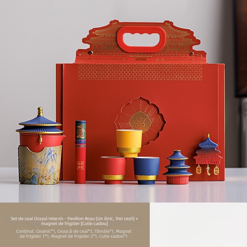 Set de ceai ceramic — o ceainică și trei căni, într-o cutie cadou, pentru folosire în aer liber, personalizabil