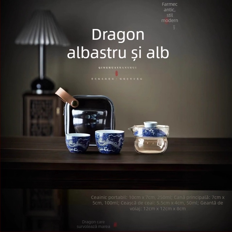 Set de ceai Dunhuang din ceramică, în stil național, set complet cu boluri cu capac și cești, într-o cutie cadou