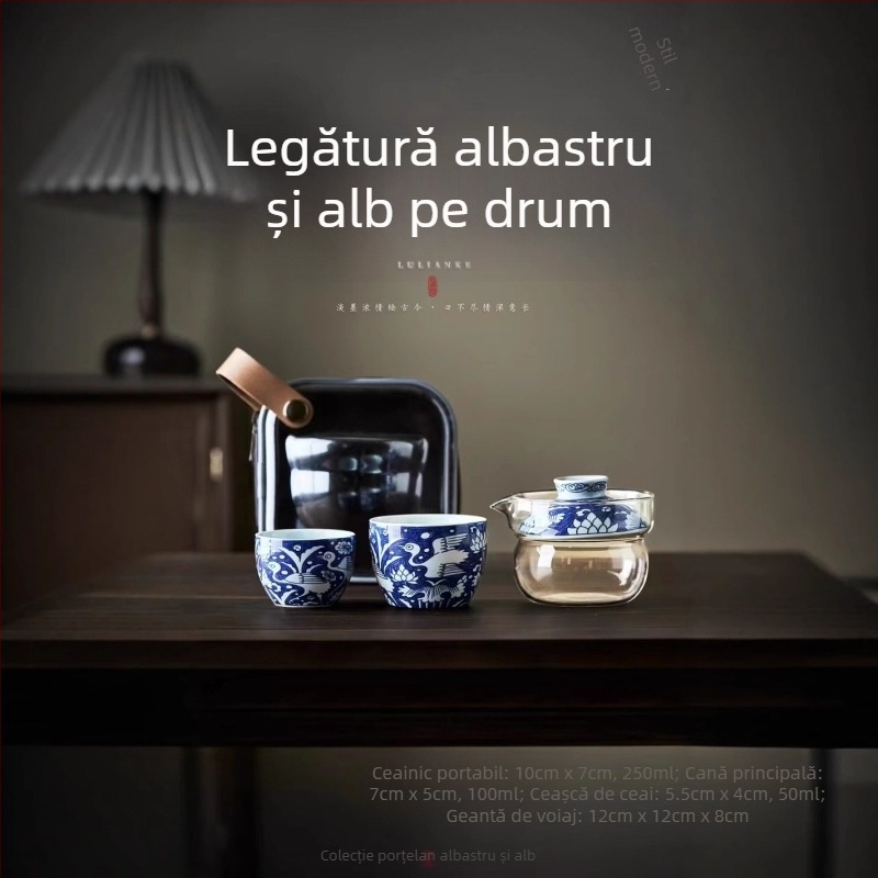 Set de ceai Dunhuang din ceramică, în stil național, set complet cu boluri cu capac și cești, într-o cutie cadou