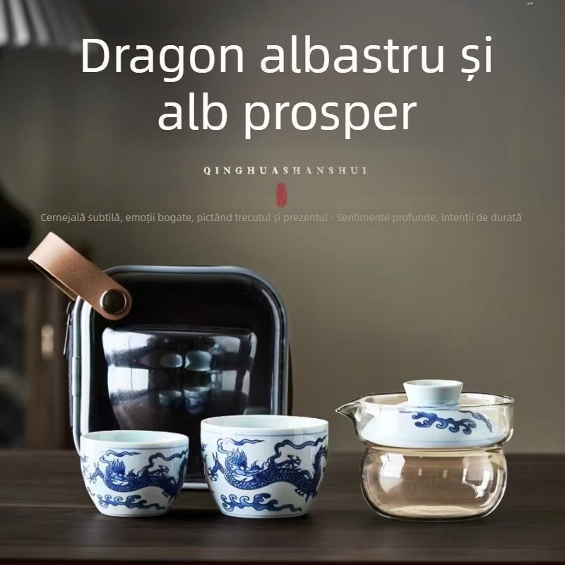 Set de ceai Dunhuang din ceramică, în stil național, set complet cu boluri cu capac și cești, într-o cutie cadou