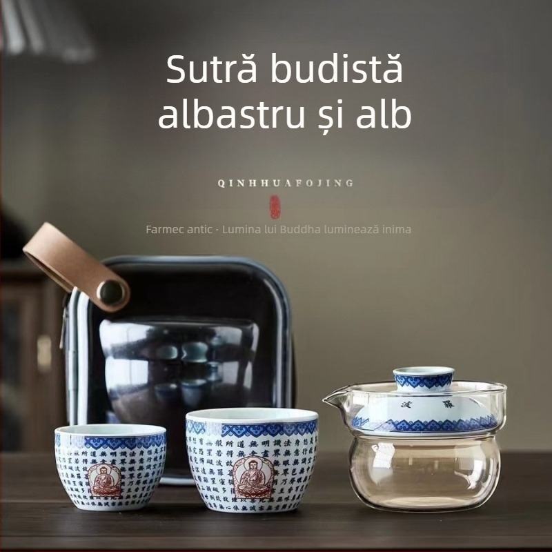Set de ceai Dunhuang din ceramică, în stil național, set complet cu boluri cu capac și cești, într-o cutie cadou