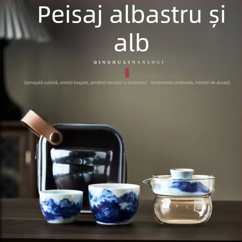 Set de ceai Dunhuang din ceramică, în stil național, set complet cu boluri cu capac și cești, într-o cutie cadou
