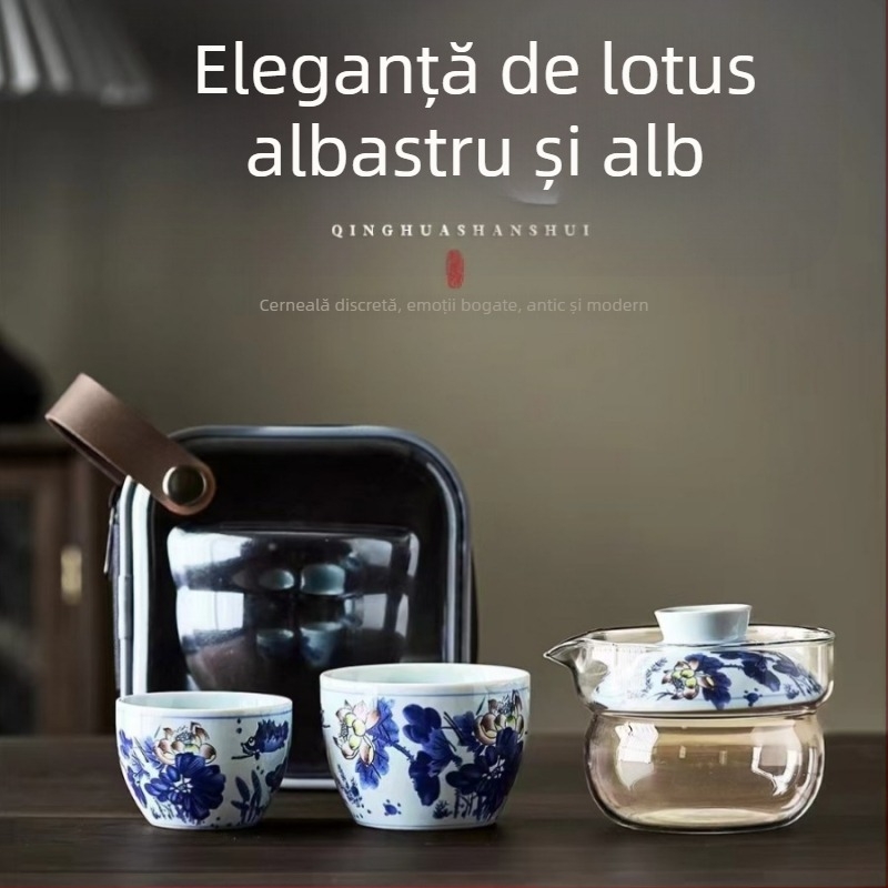 Set de ceai Dunhuang din ceramică, în stil național, set complet cu boluri cu capac și cești, într-o cutie cadou
