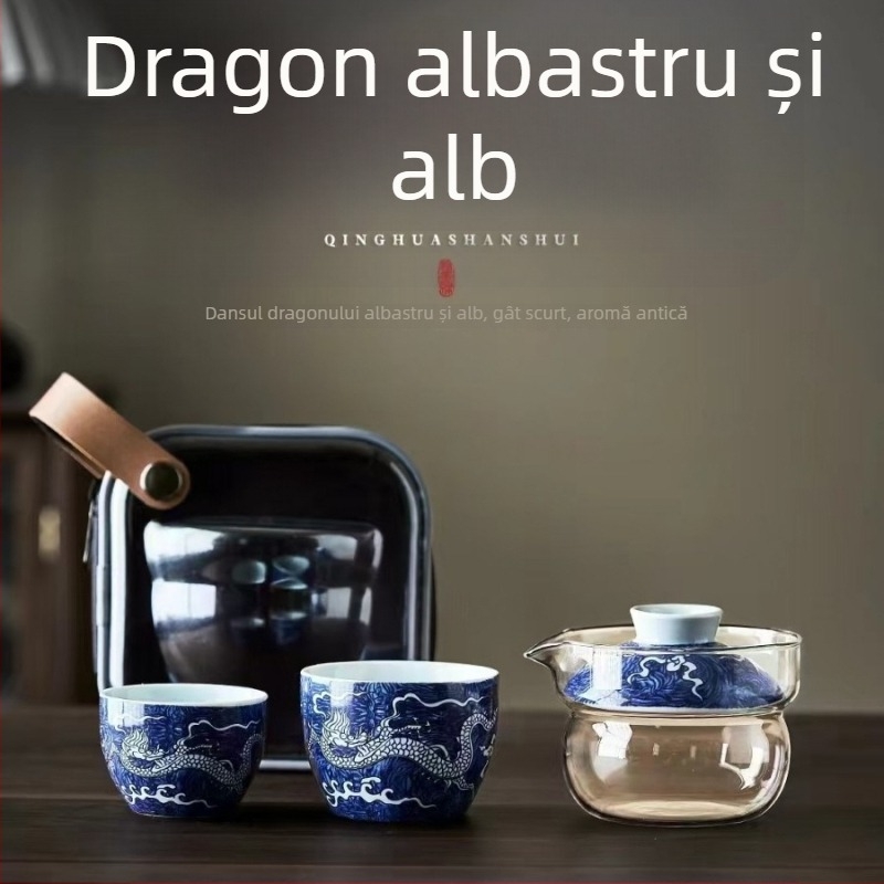 Set de ceai Dunhuang din ceramică, în stil național, set complet cu boluri cu capac și cești, într-o cutie cadou