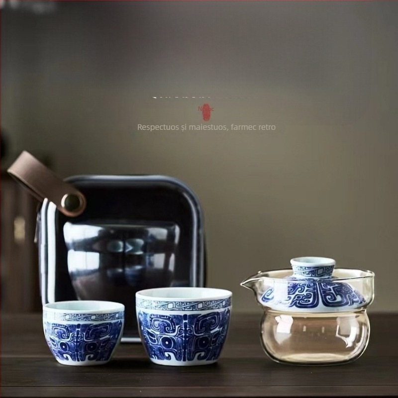 Set de ceai Dunhuang din ceramică, în stil național, set complet cu boluri cu capac și cești, într-o cutie cadou