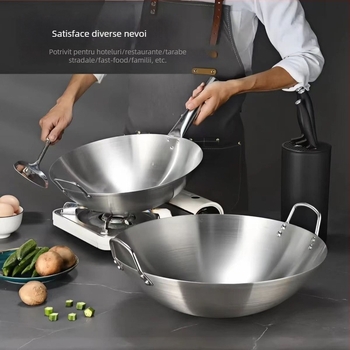 Wok mare din oțel inoxidabil, gros, fără strat, cu două mânere, pentru plite cu gaz, distribuție uniformă a căldurii, pentru uz casnic și comercial, construcție monobloc