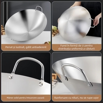 Wok mare din oțel inoxidabil, gros, fără strat, cu două mânere, pentru plite cu gaz, distribuție uniformă a căldurii, pentru uz casnic și comercial, construcție monobloc