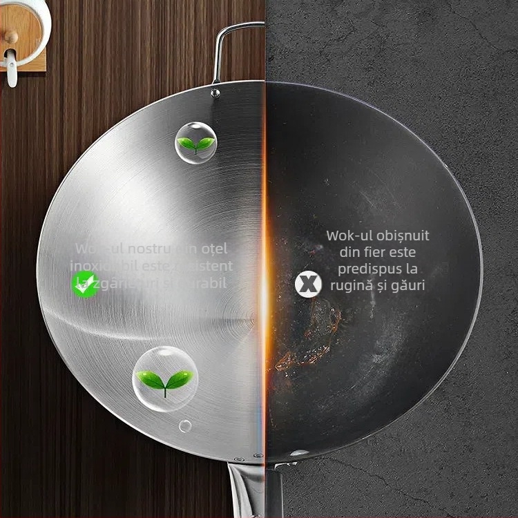 Wok mare din oțel inoxidabil, gros, fără strat, cu două mânere, pentru plite cu gaz, distribuție uniformă a căldurii, pentru uz casnic și comercial, construcție monobloc