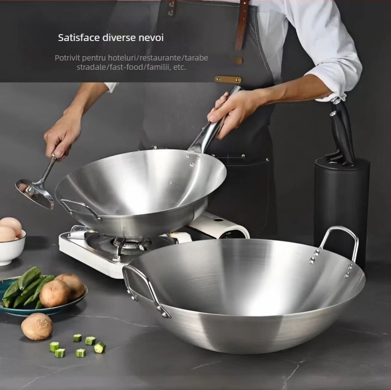 Wok mare din oțel inoxidabil, gros, fără strat, cu două mânere, pentru plite cu gaz, distribuție uniformă a căldurii, pentru uz casnic și comercial, construcție monobloc