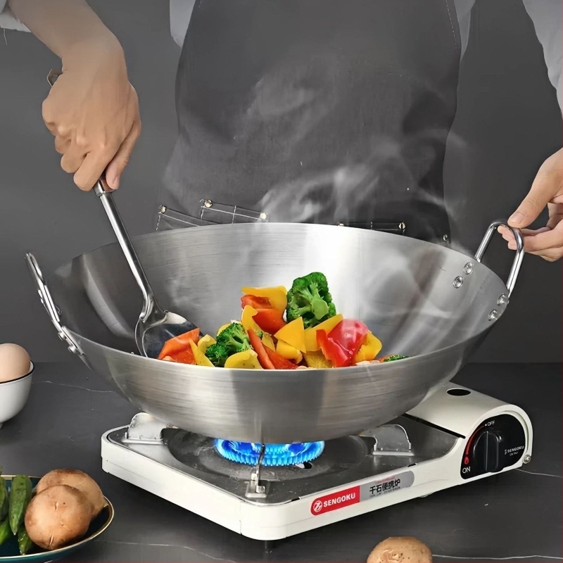 Wok mare din oțel inoxidabil, gros, fără strat, cu două mânere, pentru plite cu gaz, distribuție uniformă a căldurii, pentru uz casnic și comercial, construcție monobloc