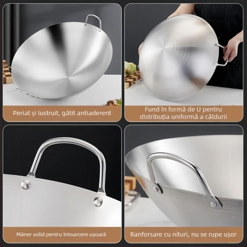 Wok mare din oțel inoxidabil, gros, fără strat, cu două mânere, pentru plite cu gaz, distribuție uniformă a căldurii, pentru uz casnic și comercial, construcție monobloc