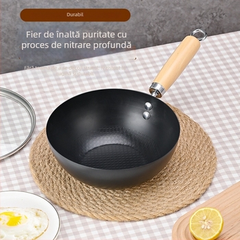 Wok din fontă mini pentru o singură persoană, fără strat, stil japonez, capac din sticlă, compatibil cu plitele cu inducție și gaz