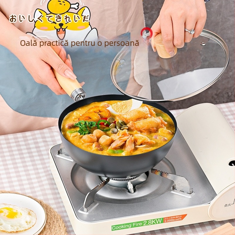 Wok din fontă mini pentru o singură persoană, fără strat, stil japonez, capac din sticlă, compatibil cu plitele cu inducție și gaz