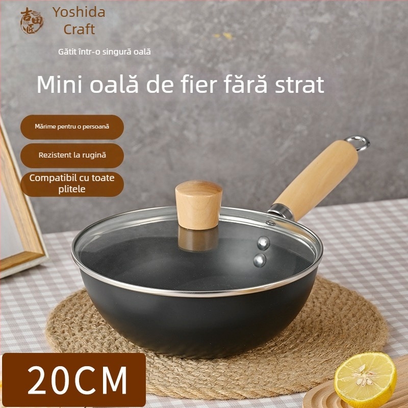Wok din fontă mini pentru o singură persoană, fără strat, stil japonez, capac din sticlă, compatibil cu plitele cu inducție și gaz