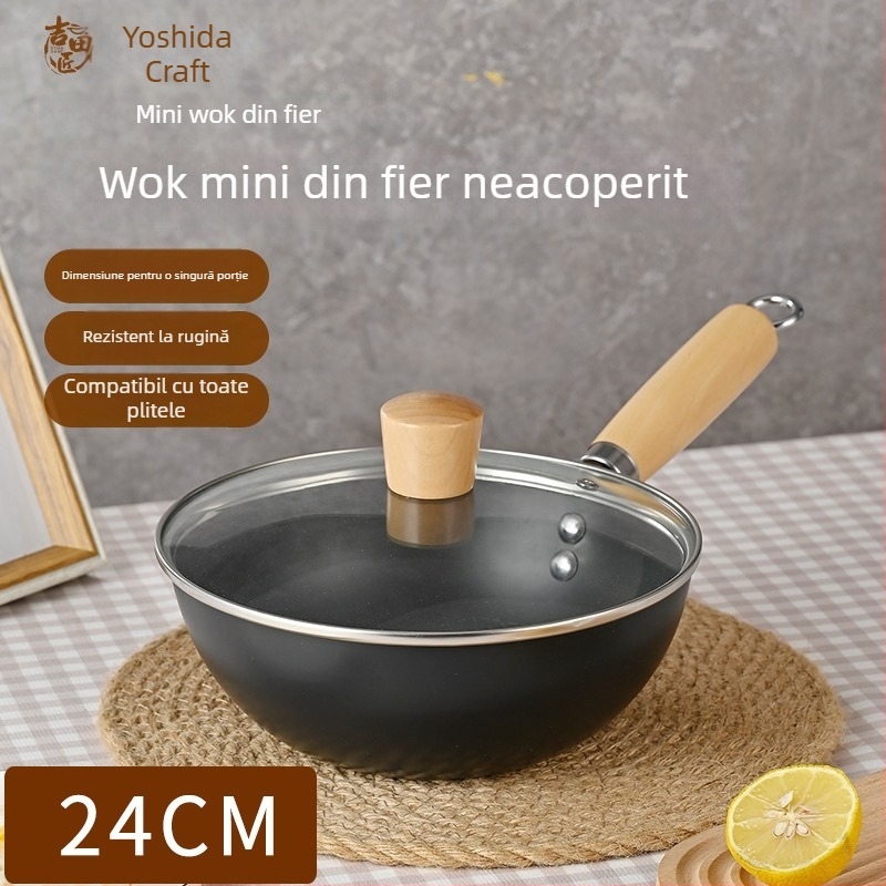 Wok din fontă mini pentru o singură persoană, fără strat, stil japonez, capac din sticlă, compatibil cu plitele cu inducție și gaz
