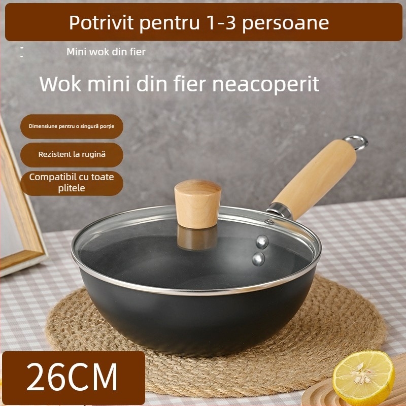 Wok din fontă mini pentru o singură persoană, fără strat, stil japonez, capac din sticlă, compatibil cu plitele cu inducție și gaz