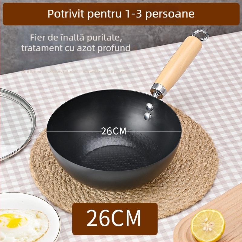 Wok din fontă mini pentru o singură persoană, fără strat, stil japonez, capac din sticlă, compatibil cu plitele cu inducție și gaz
