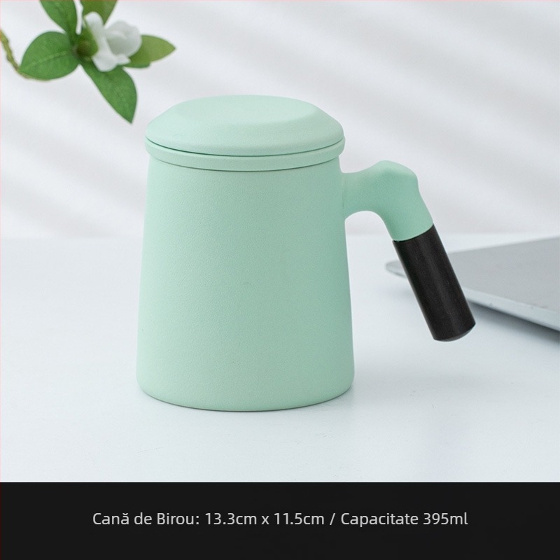 Cană ceramică pentru ceai cu capac și filtru, mâner din lemn, capacitate mare, cadou personalizat