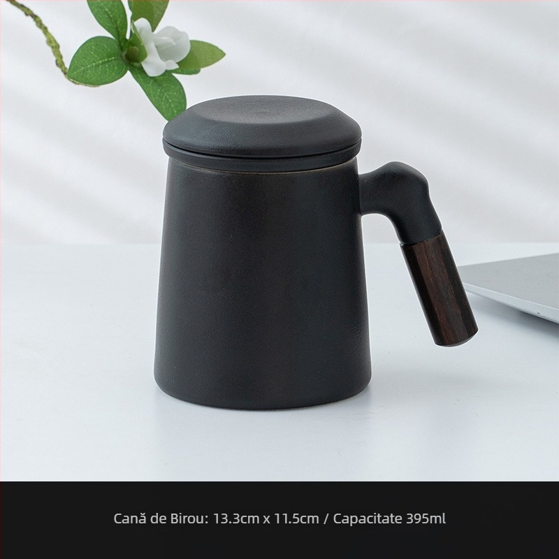 Cană ceramică pentru ceai cu capac și filtru, mâner din lemn, capacitate mare, cadou personalizat