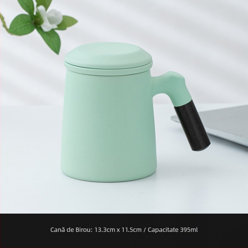 Cană ceramică pentru ceai cu capac și filtru, mâner din lemn, capacitate mare, cadou personalizat