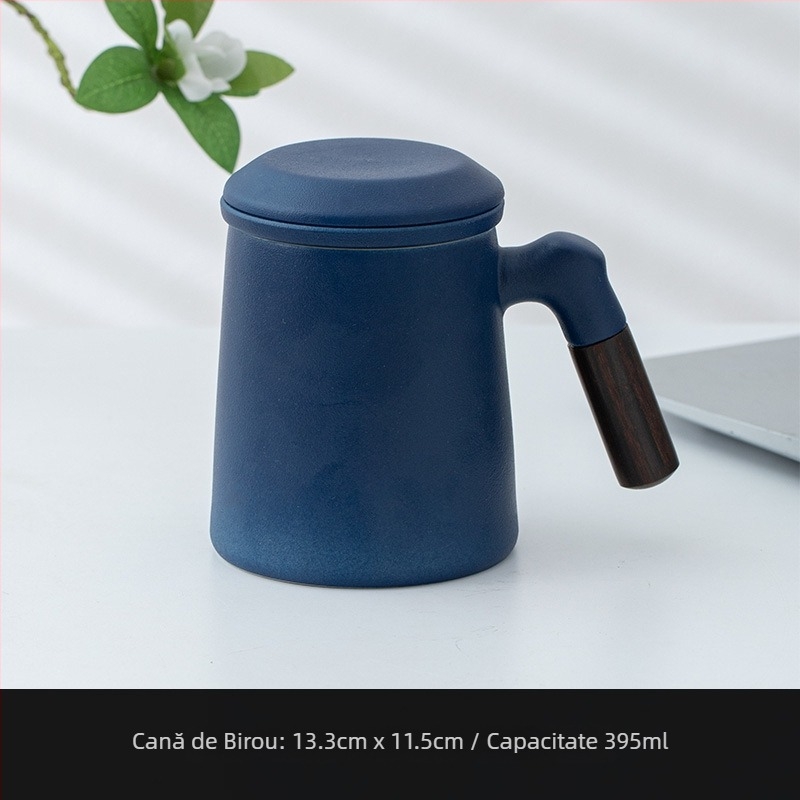 Cană ceramică pentru ceai cu capac și filtru, mâner din lemn, capacitate mare, cadou personalizat