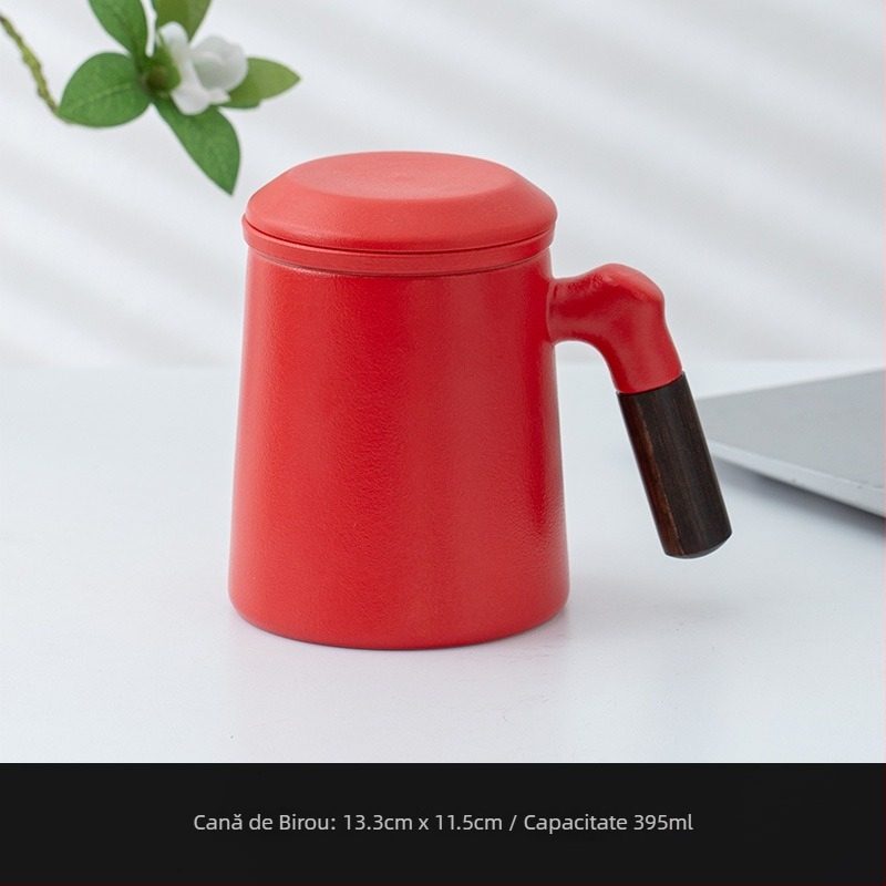 Cană ceramică pentru ceai cu capac și filtru, mâner din lemn, capacitate mare, cadou personalizat