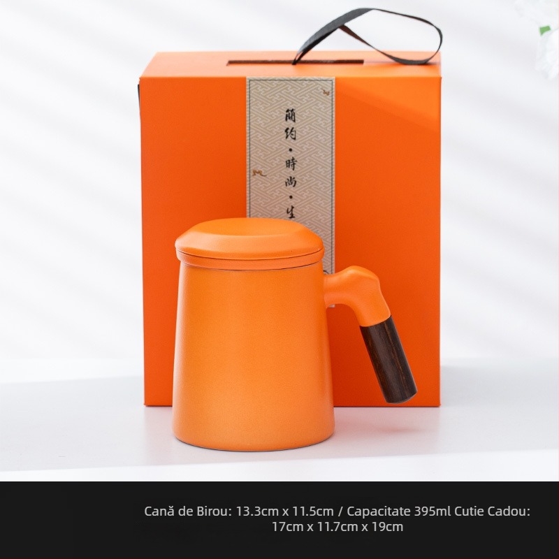 Cană ceramică pentru ceai cu capac și filtru, mâner din lemn, capacitate mare, cadou personalizat