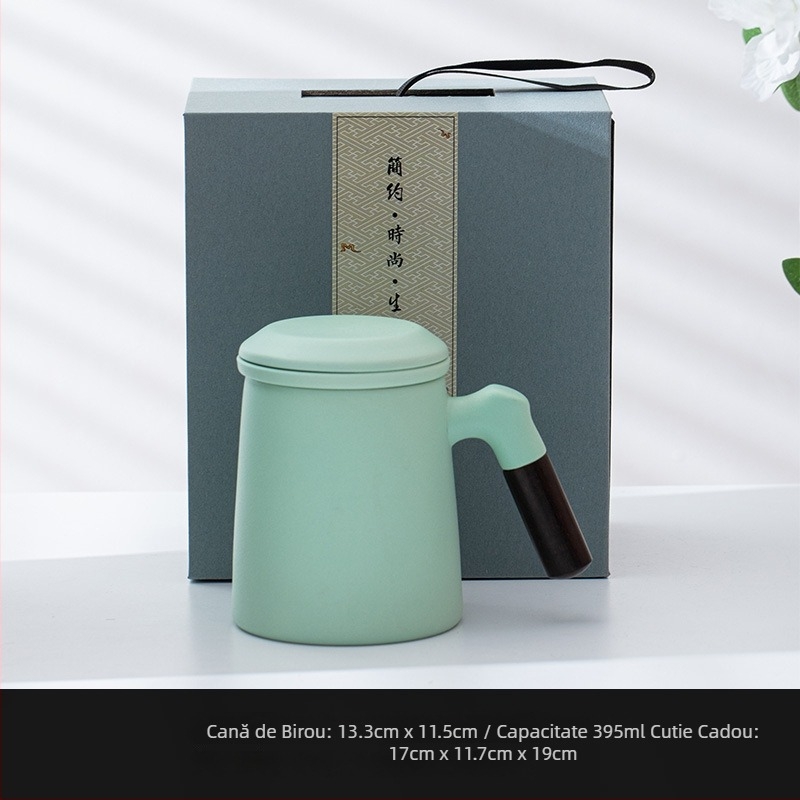 Cană ceramică pentru ceai cu capac și filtru, mâner din lemn, capacitate mare, cadou personalizat