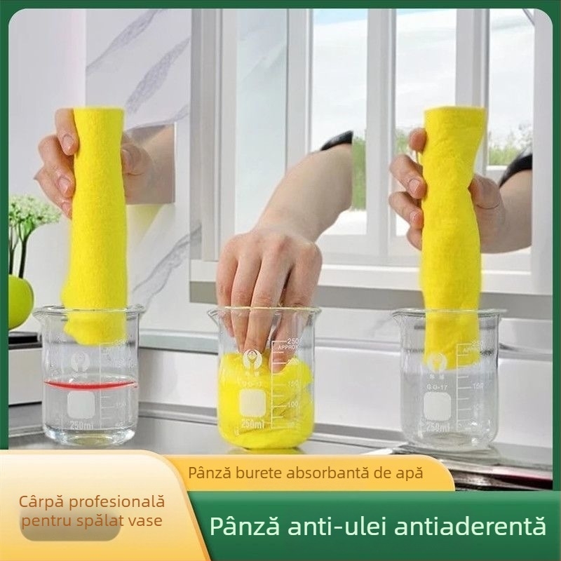 Cârpă din loofah galbenă, îngroșată, pentru bucătărie, acasă; absoarbe apa și grăsimile, nu absoarbe ulei, nu lasă scame, burete de vase