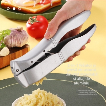 Presa de usturoi din aliaj de aluminiu — unealtă multi-funcțională pentru zdrobire, feliere și decojit usturoi; bucătărie casnică; dimensiuni 20 × 6 cm; design modern