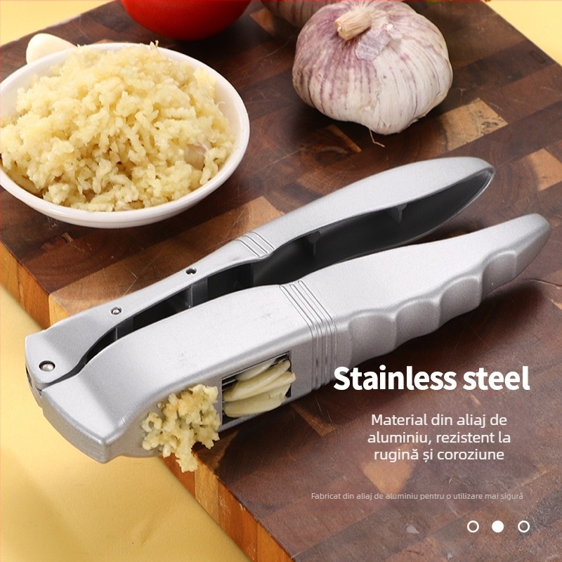 Presa de usturoi din aliaj de aluminiu — unealtă multi-funcțională pentru zdrobire, feliere și decojit usturoi; bucătărie casnică; dimensiuni 20 × 6 cm; design modern