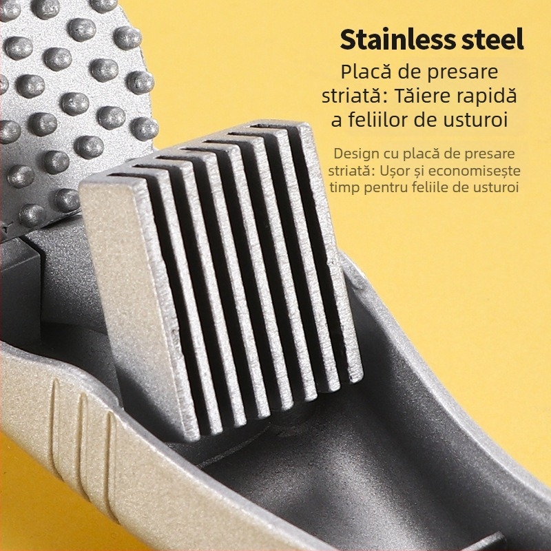 Presa de usturoi din aliaj de aluminiu — unealtă multi-funcțională pentru zdrobire, feliere și decojit usturoi; bucătărie casnică; dimensiuni 20 × 6 cm; design modern