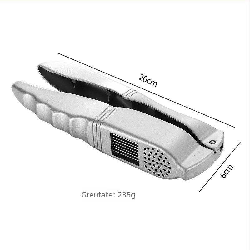 Presa de usturoi din aliaj de aluminiu — unealtă multi-funcțională pentru zdrobire, feliere și decojit usturoi; bucătărie casnică; dimensiuni 20 × 6 cm; design modern