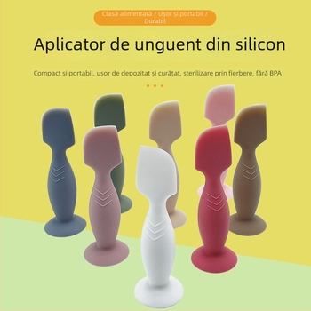 Aplicator din silicon pentru unguente la bebeluți, cu ventuză, spatulă verde și linguriță