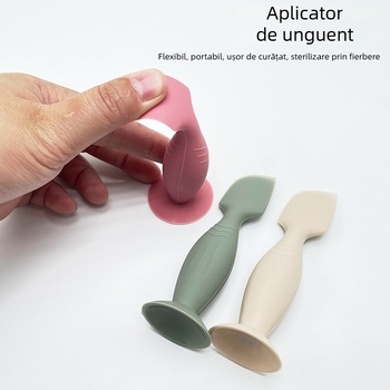 Aplicator din silicon pentru unguente la bebeluți, cu ventuză, spatulă verde și linguriță