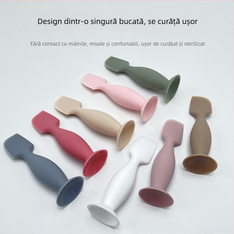 Aplicator din silicon pentru unguente la bebeluți, cu ventuză, spatulă verde și linguriță